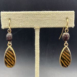 Chicos Tiger Print Striped Drop Dangle Hook Teardrop Gold Tone Boho Animal Print